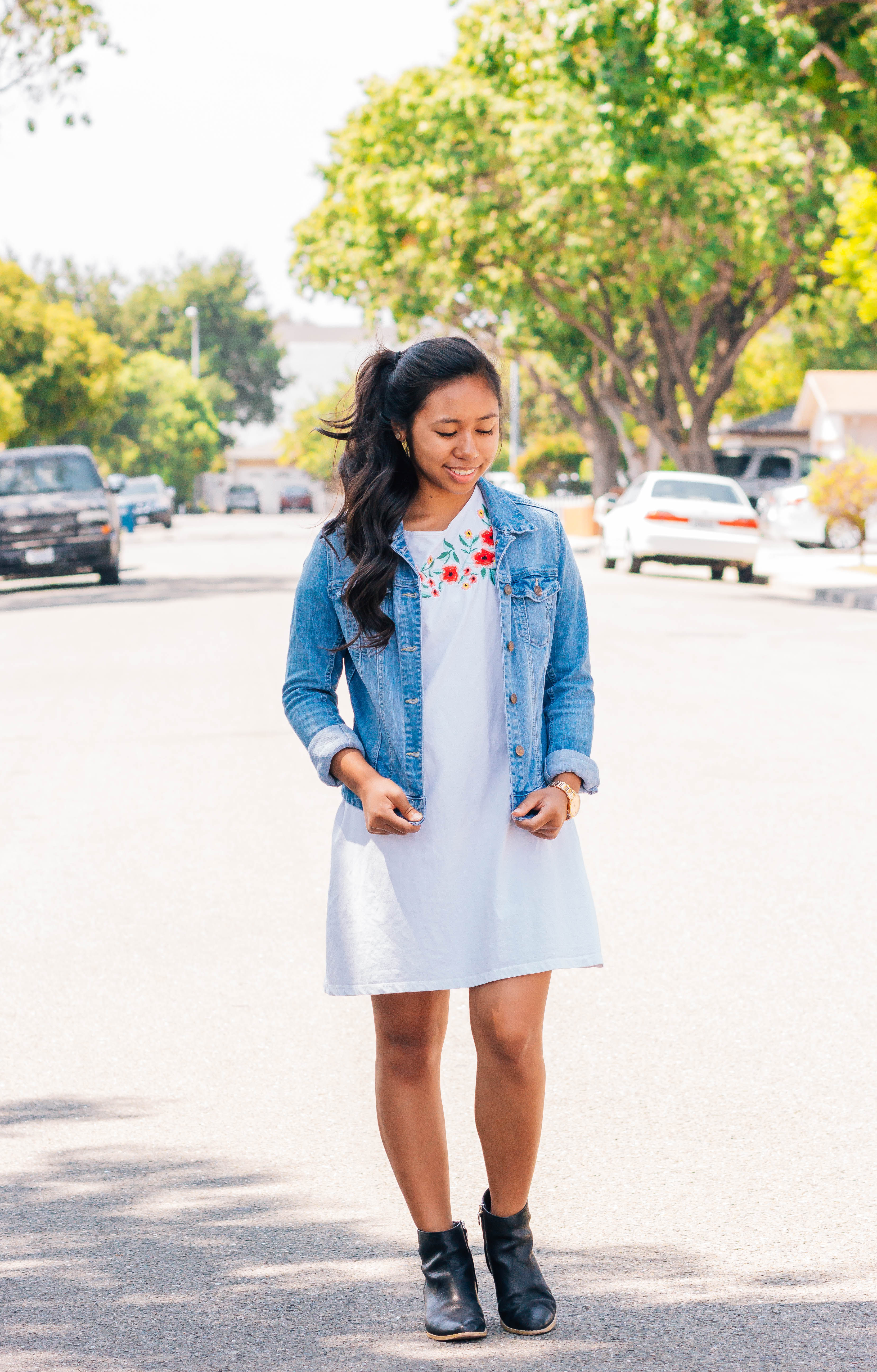 Denim jacket, white dress, and black ankle boots | 7 cute and modest back to school outfits that you can wear | high school and college outfits | P31beauty