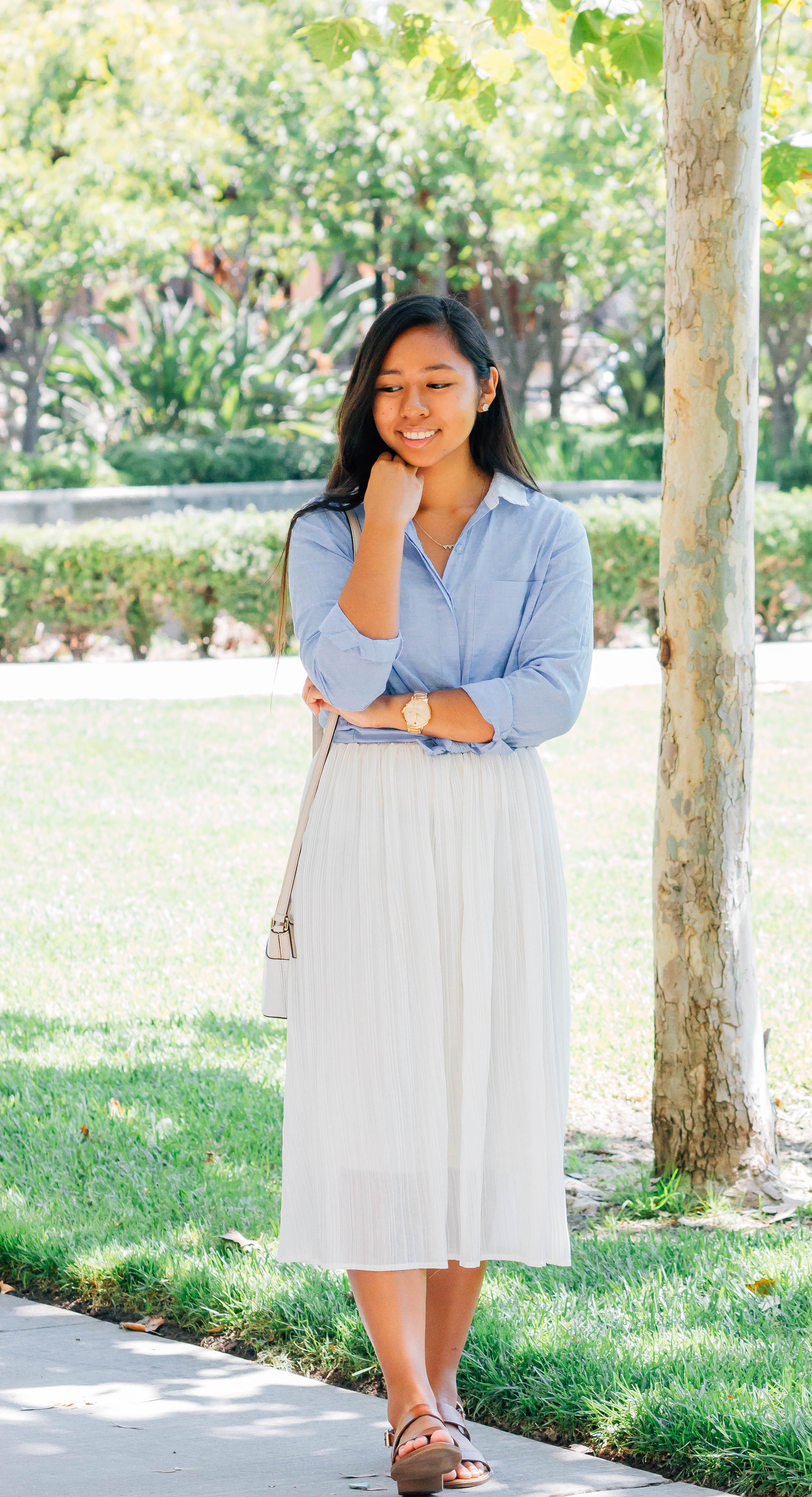 Cool in a chambray shirt, white skirt, brown sandals | A Letter to My High School Self | High school tips and advice