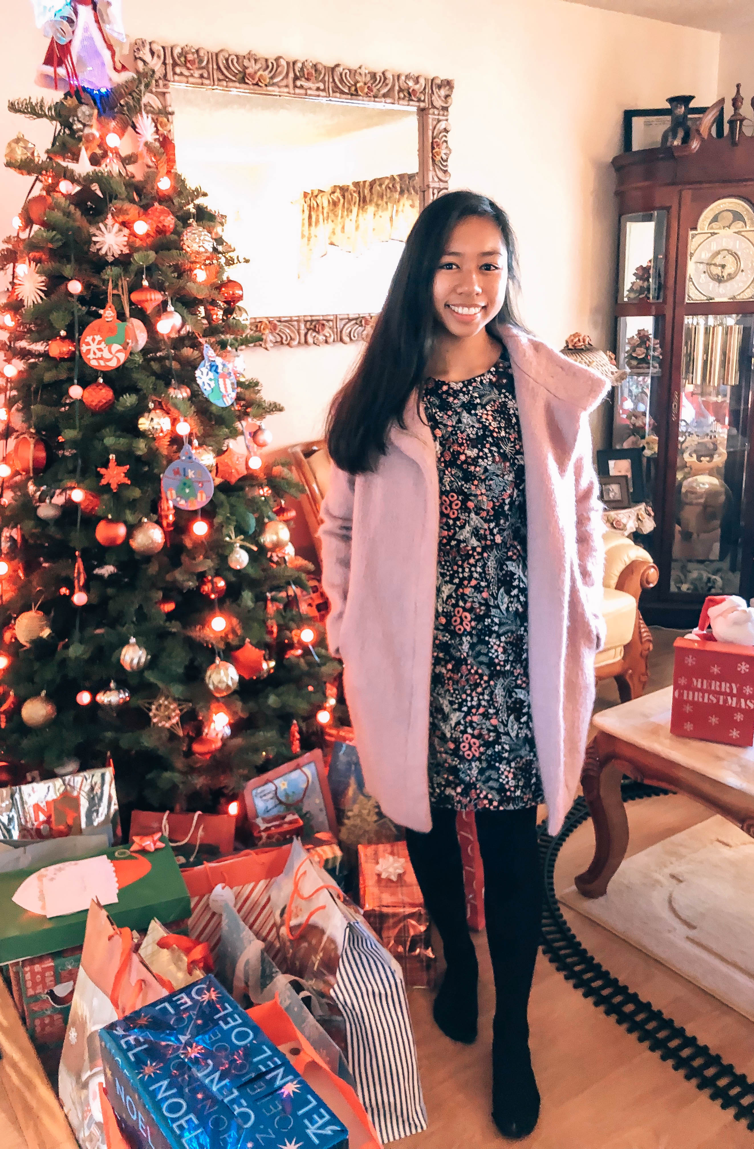 Christmas outfit, pink coat, embroidered flower dress