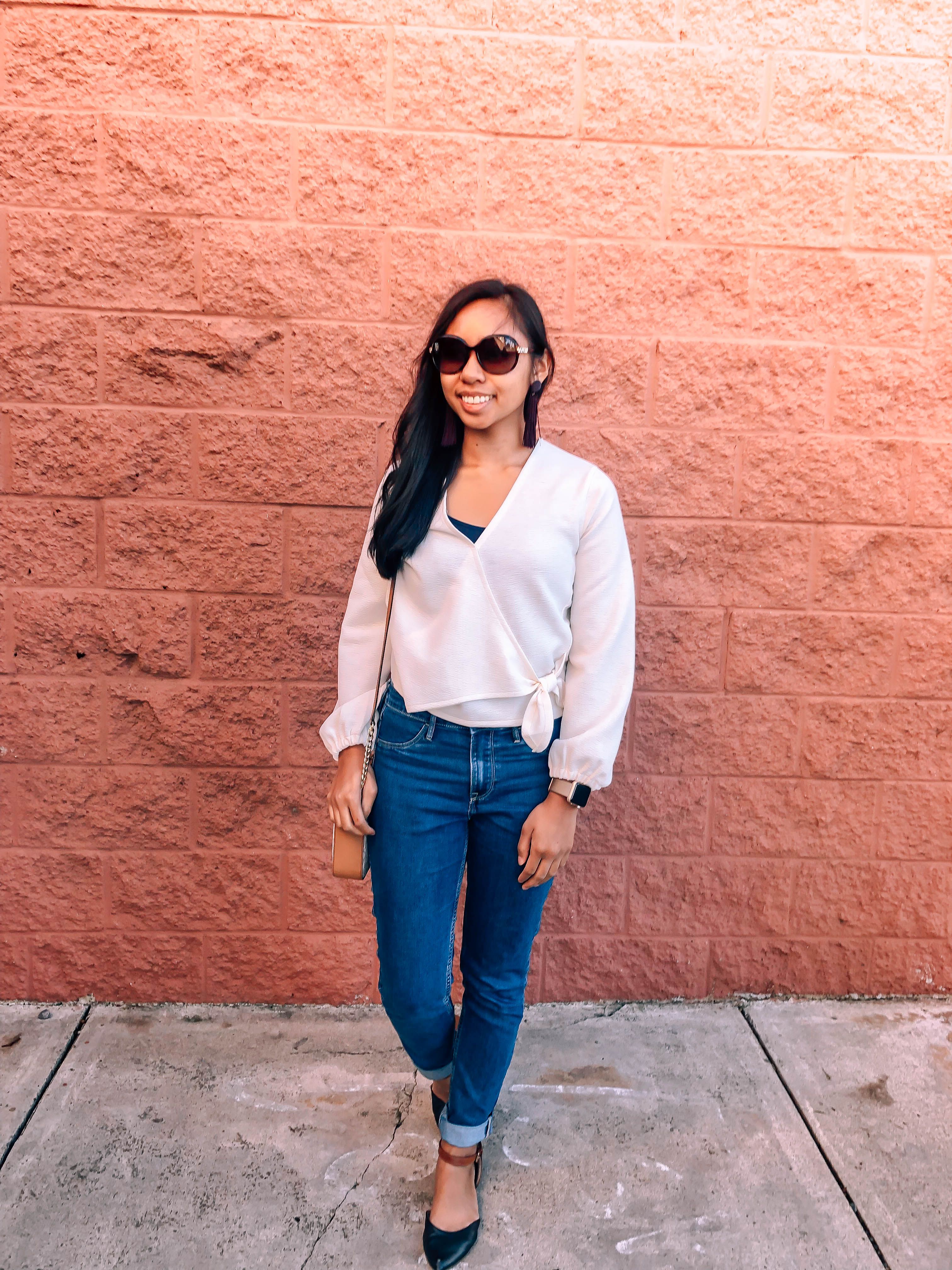 Madewell wrap top, jeans, and pointed flats