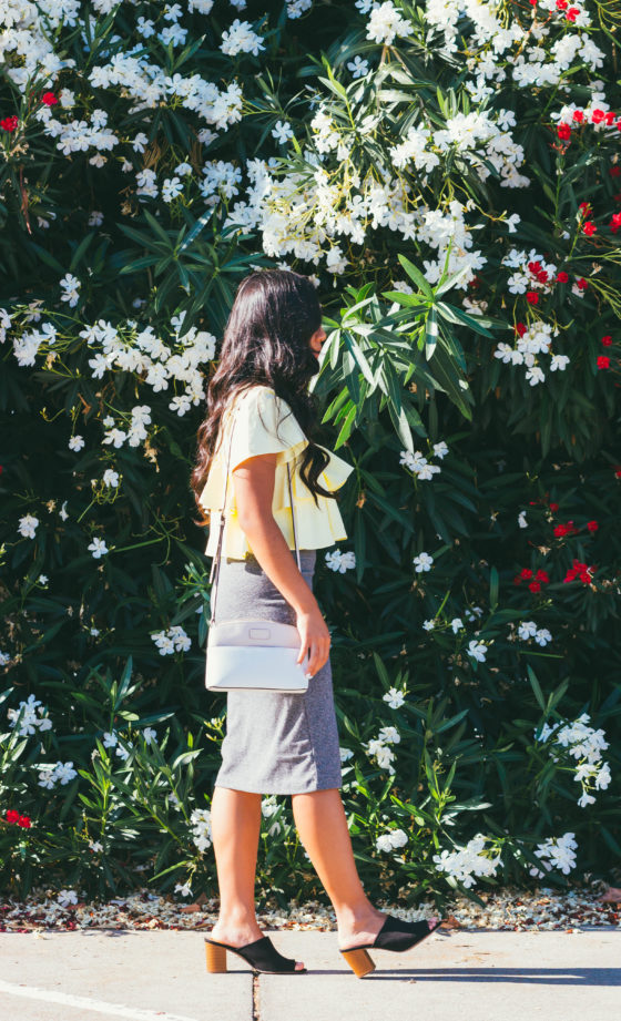 Keep a Grateful Spirit | Zara yellow top, H&M gray skirt, and black heels modest outfit for the summer