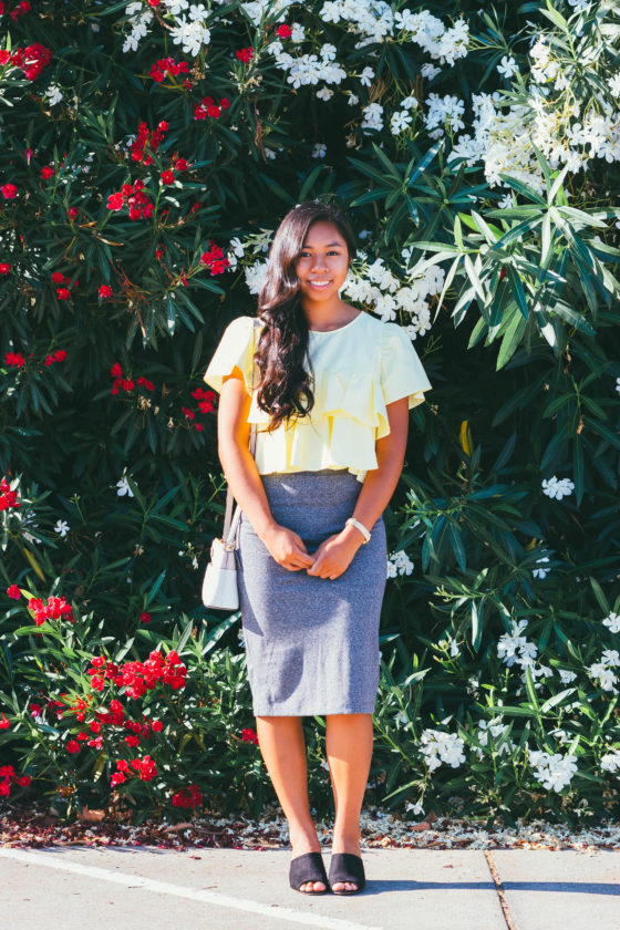 Keep a Grateful Spirit | Zara yellow top, H&M gray skirt, and black heels modest outfit for the summer