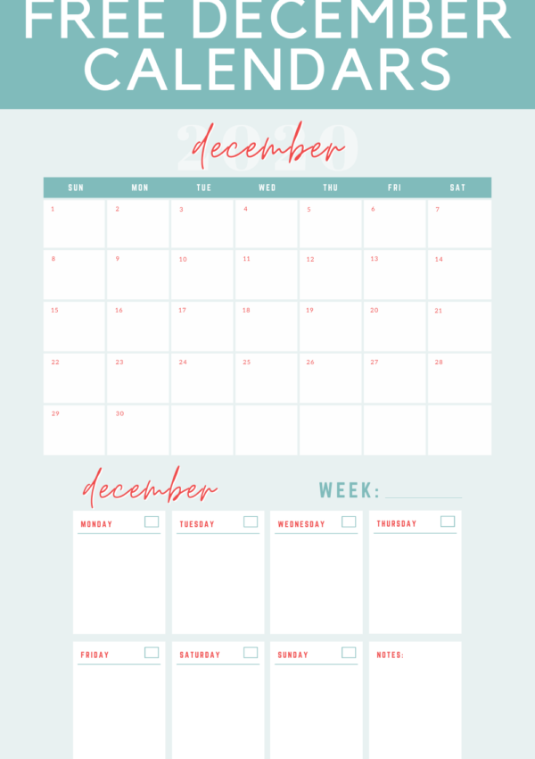 Free December 2020 Monthly and Weekly Calendar Templates